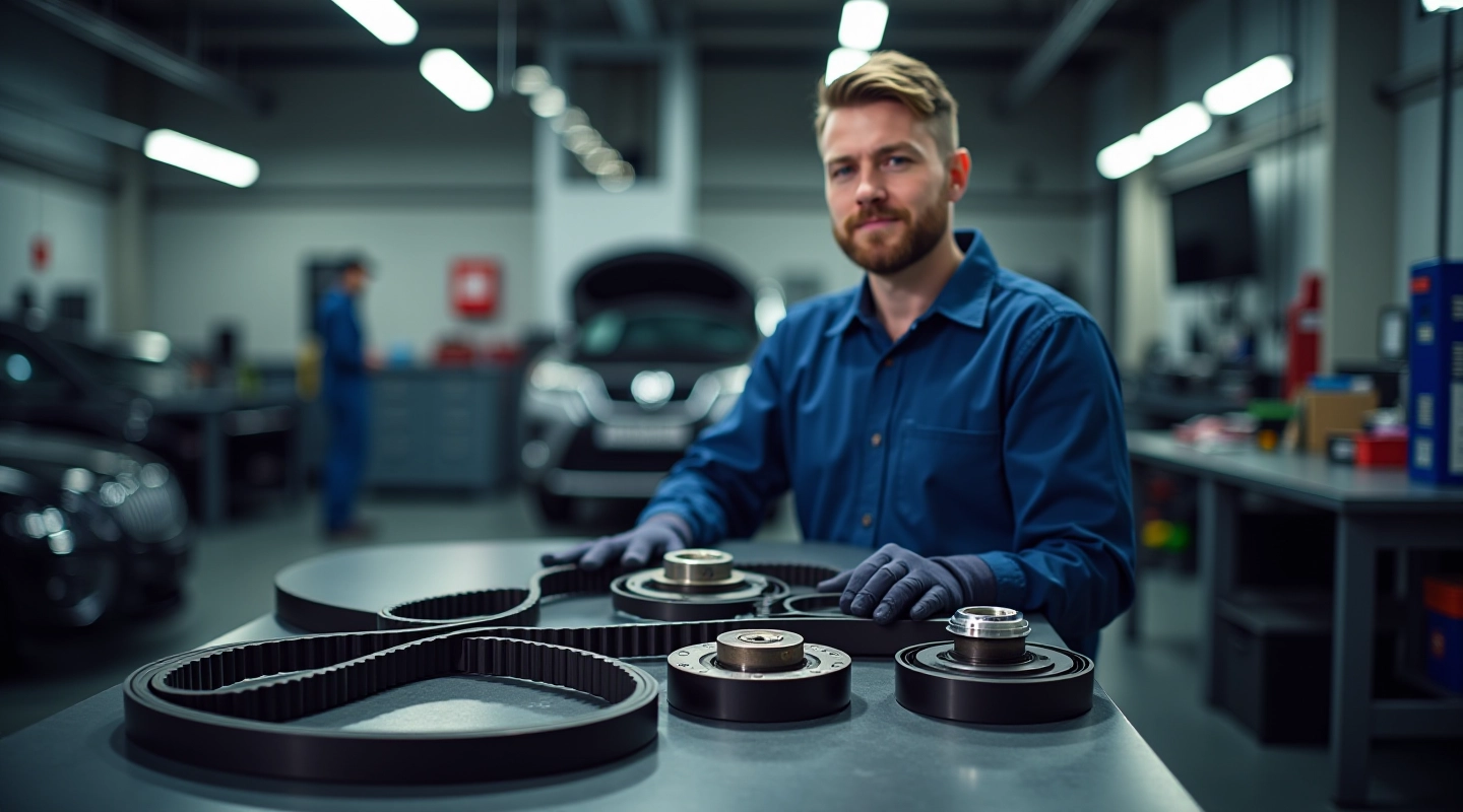 Modern automotive workshop with professional equipment and timing belt components