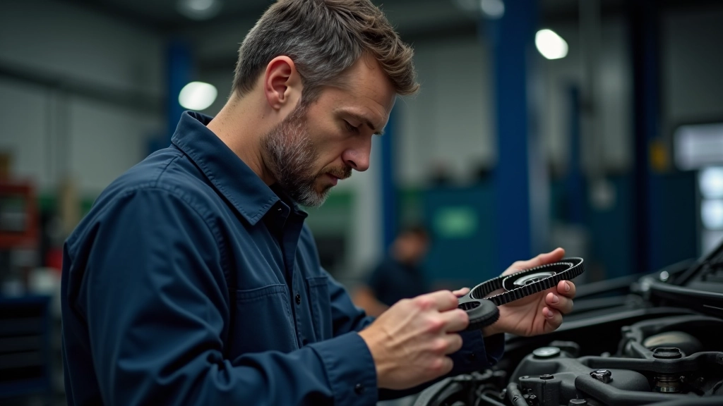 Mechanic at workbench examining timing belt with magnifying glass, professional tools visible, workshop setting with natural lighting