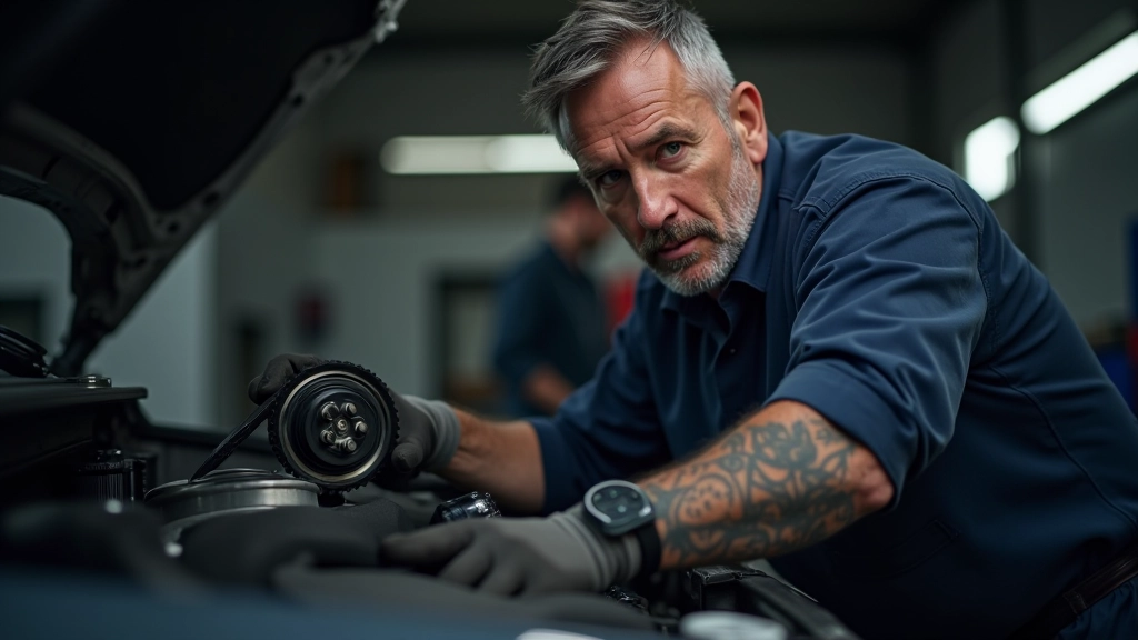 Mechanic examining the water pump location on engine block with timing belt visible