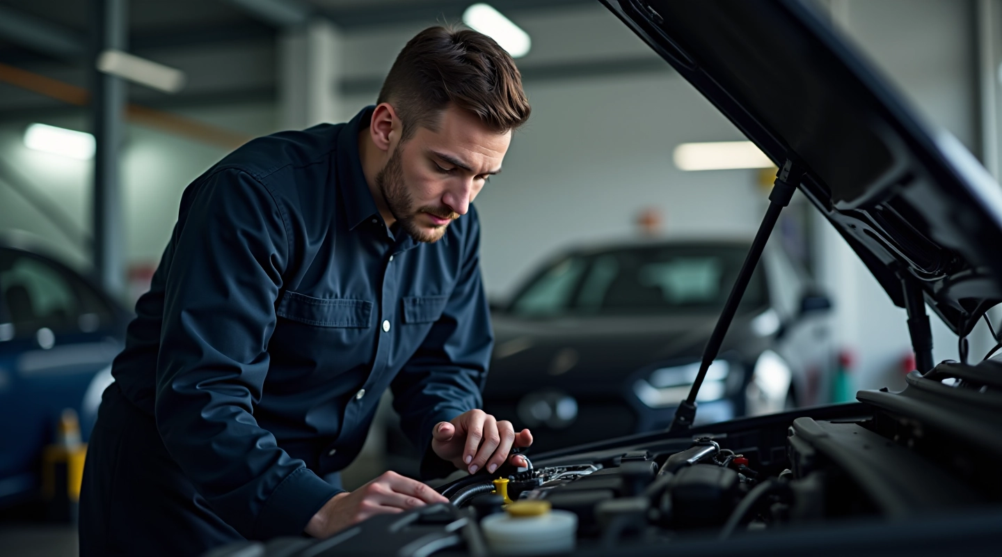 Professional mechanic performing timing belt replacement on engine block in modern service center
