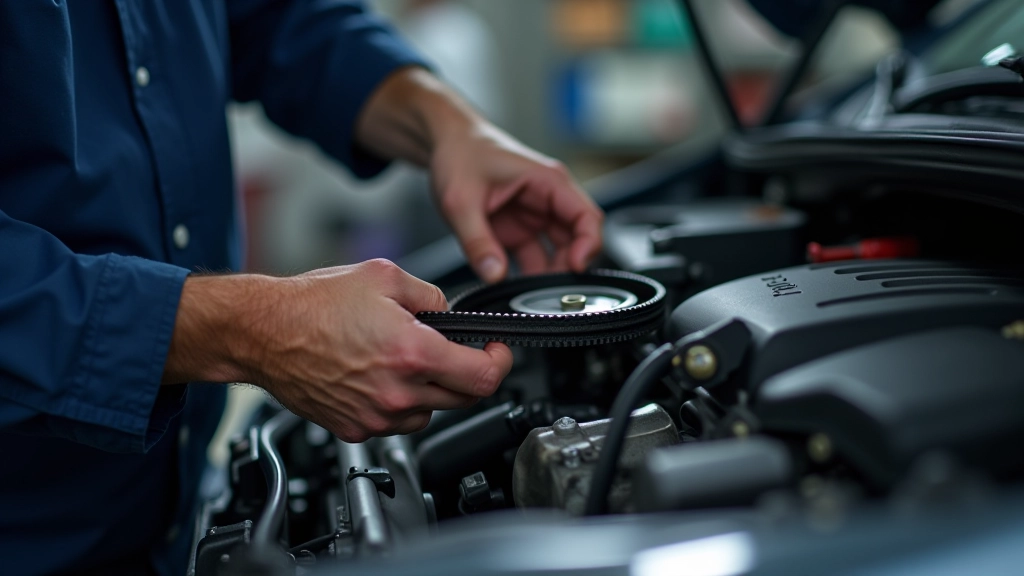 Mechanic's hands holding new timing belt with precision tools and engine compartment visible
